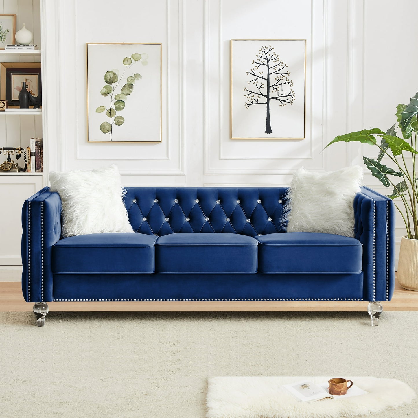 CAFORKP Velvet 3-Seater Sofa, Solid Wood Frame, Button Tufted, Curved Arms, Polyester Upholstery, Navy Blue