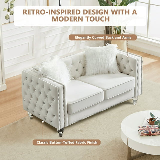 CAFORKP Velvet Loveseat Sofa, Solid Wood Frame, Polyester Upholstery, Foam Filled, Tufted, Beige