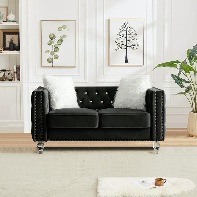 CAFORKP Velvet Loveseat Sofa, Solid Wood Frame, Polyester Upholstery, Foam Filled, Tufted, Black