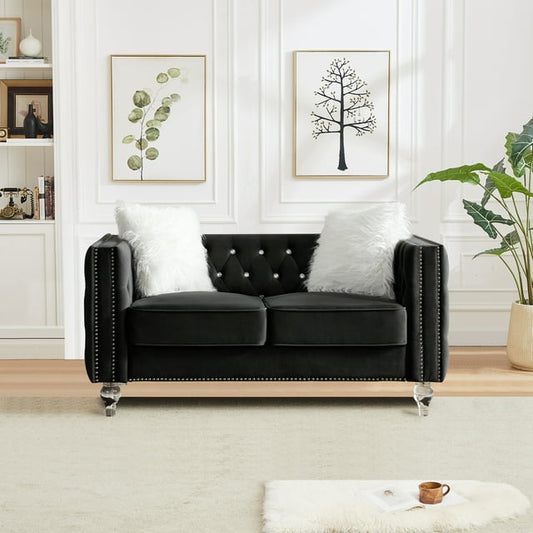 CAFORKP Velvet Loveseat Sofa, Solid Wood Frame, Polyester Upholstery, Foam Filled, Tufted, Black