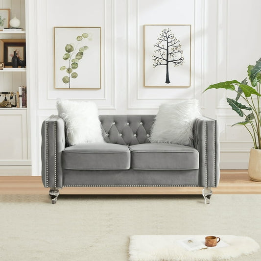 CAFORKP Velvet Loveseat Sofa, Solid Wood Frame, Polyester Upholstery, Foam Filled, Tufted, Gray