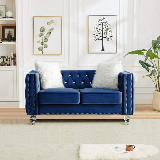 CAFORKP Velvet Loveseat Sofa, Solid Wood Frame, Polyester Upholstery, Foam Filled, Tufted, Navy Blue