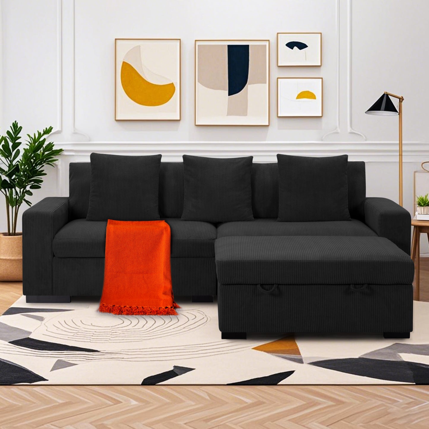 CAFORKP 103.5” Upholstered Modular Sectional Sofa, Deep Cushions, Comfortable Seating, Black