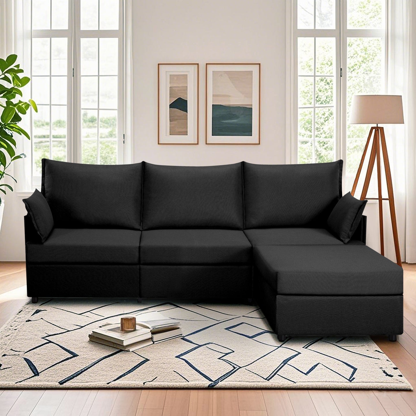 CAFORKP 93.7" Upholstered Sectional Sofa, Deep Cushions, Modular Design,Black