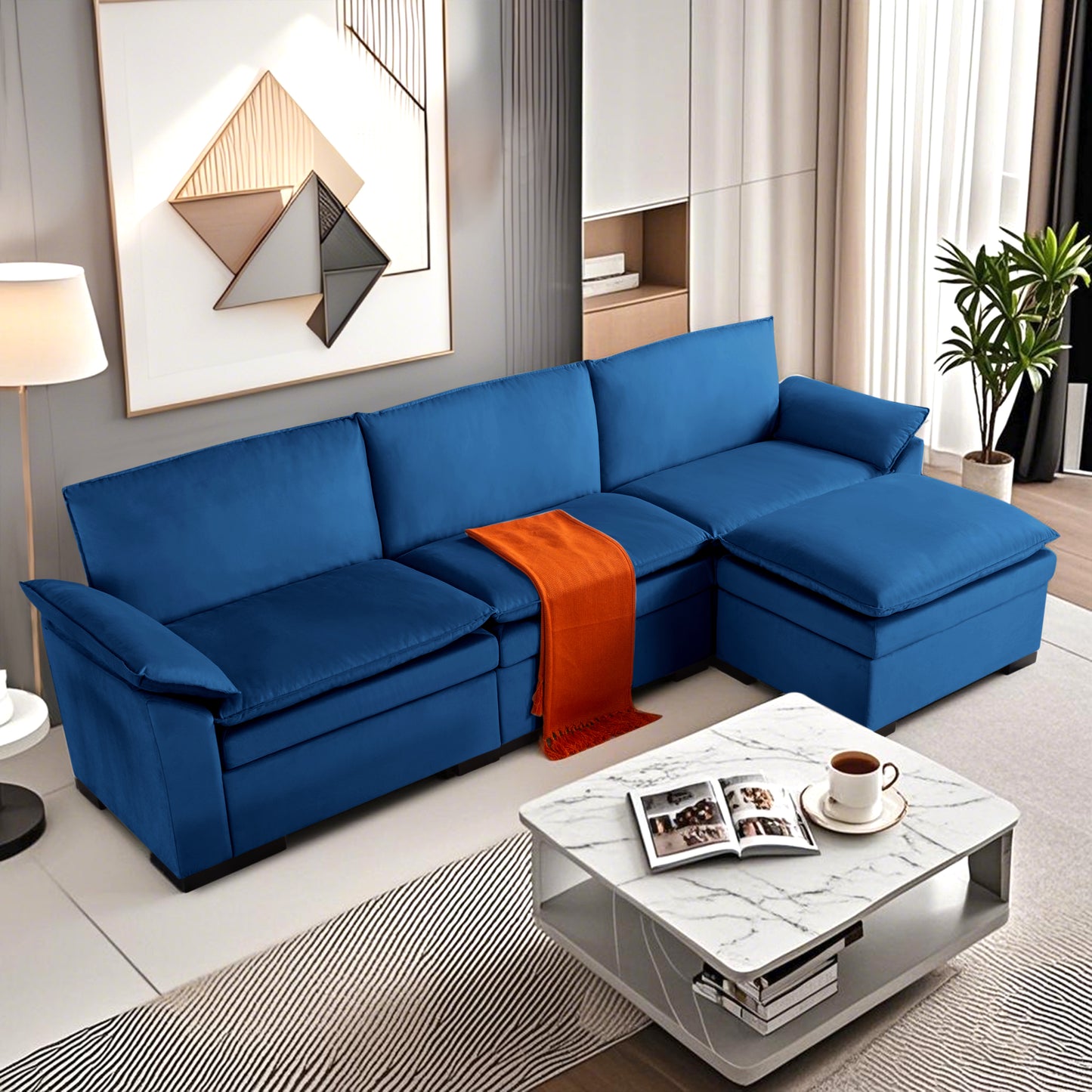 CAFORKP 117.7” Upholstered Sectional Sofa, Modular Design, Deep Cushions,Blue