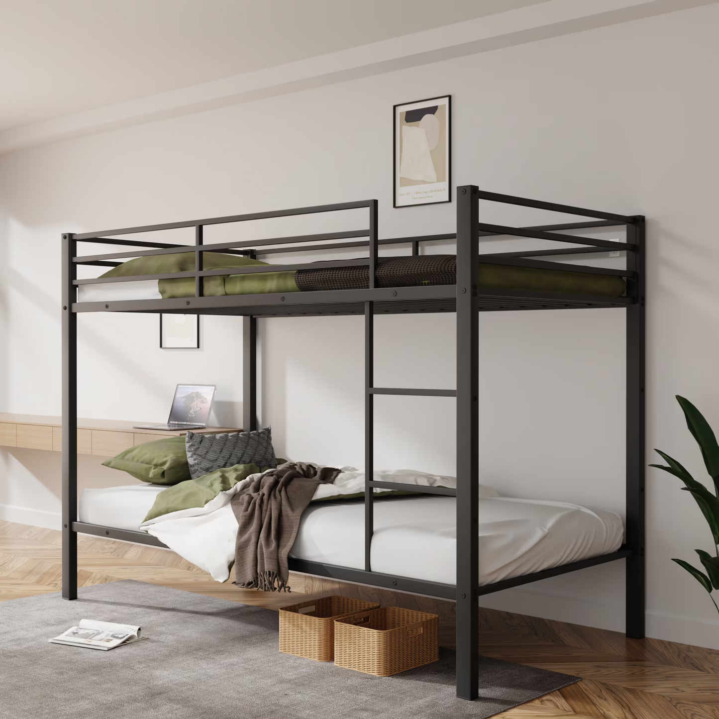 CAFORKP Metal Twin Over Twin Low Profile Bunk Bed with Ladder, High Guardrail & Steel Slats for Kids, Black