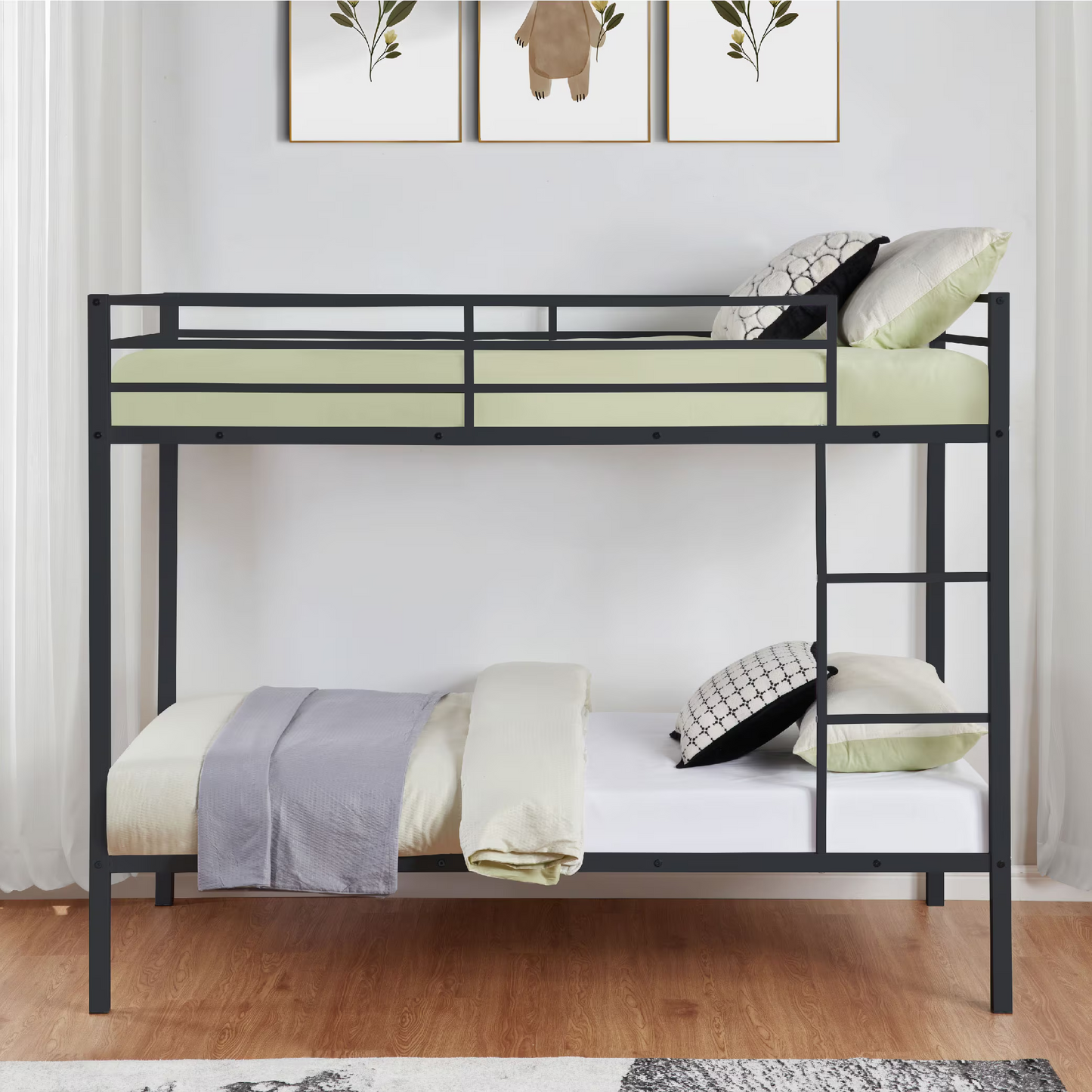 CAFORKP Metal Twin Over Twin Low Profile Bunk Bed with Ladder, High Guardrail & Steel Slats for Kids, Black