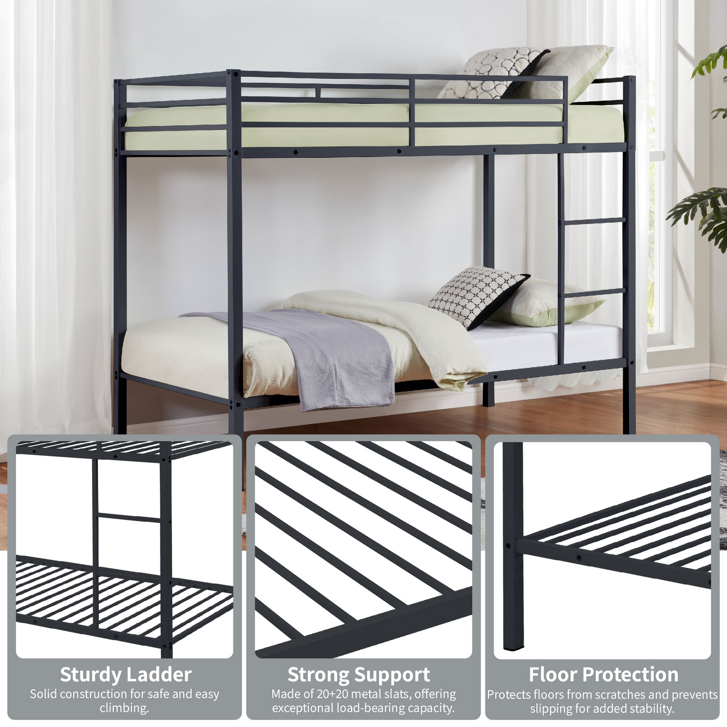 CAFORKP Metal Twin Over Twin Low Profile Bunk Bed with Ladder, High Guardrail & Steel Slats for Kids, Black