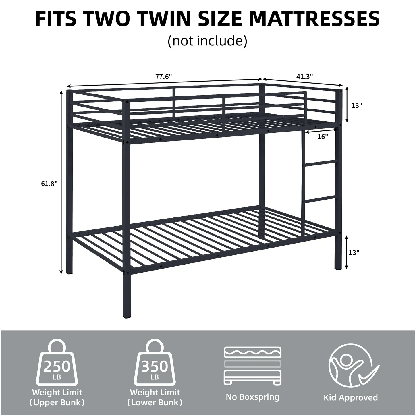 CAFORKP Metal Twin Over Twin Low Profile Bunk Bed with Ladder, High Guardrail & Steel Slats for Kids, Black