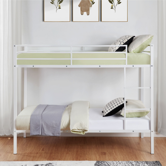 CAFORKP Metal Twin Over Twin Low Profile Bunk Bed with Ladder, High Guardrail & Steel Slats, White