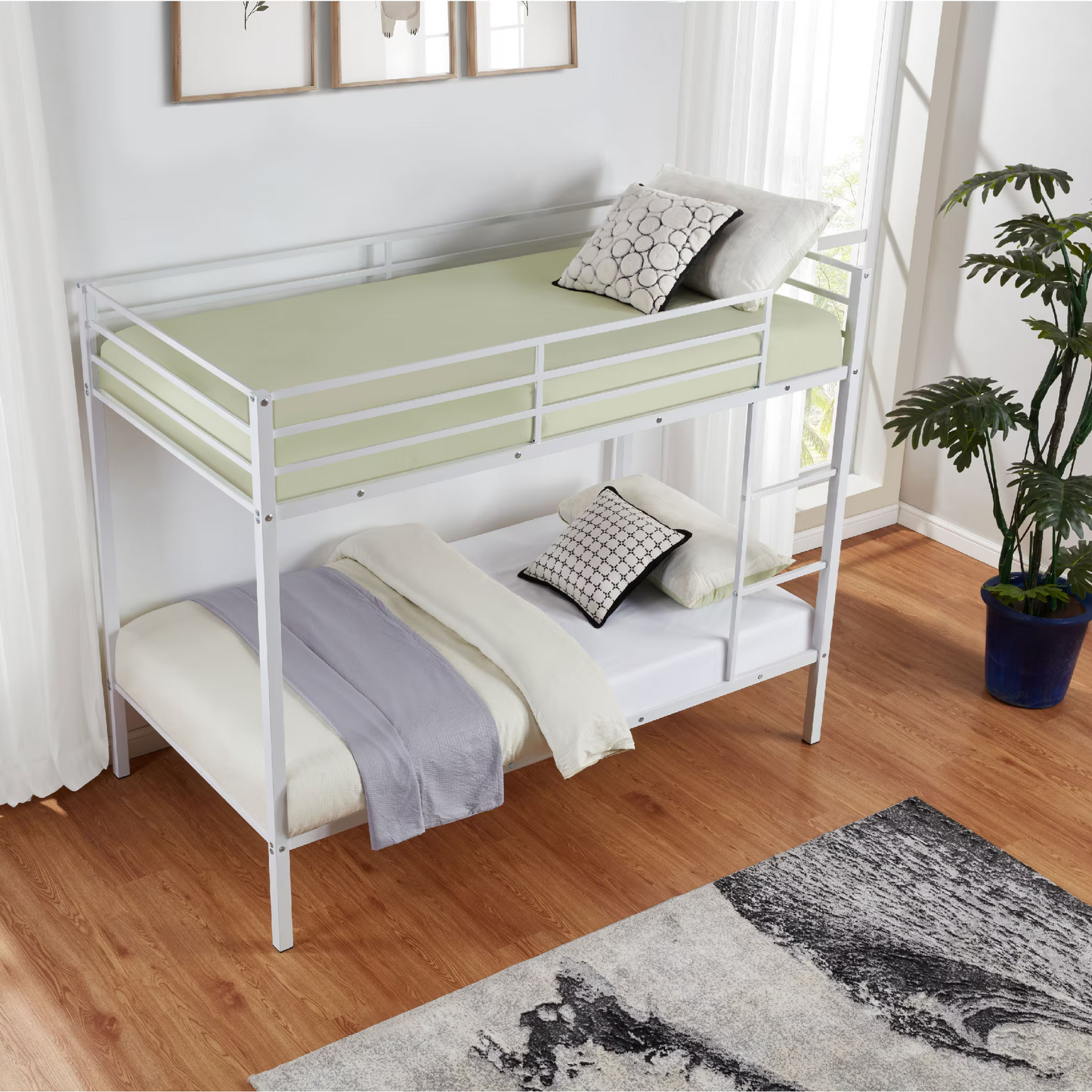 CAFORKP Metal Twin Over Twin Low Profile Bunk Bed with Ladder, High Guardrail & Steel Slats, White