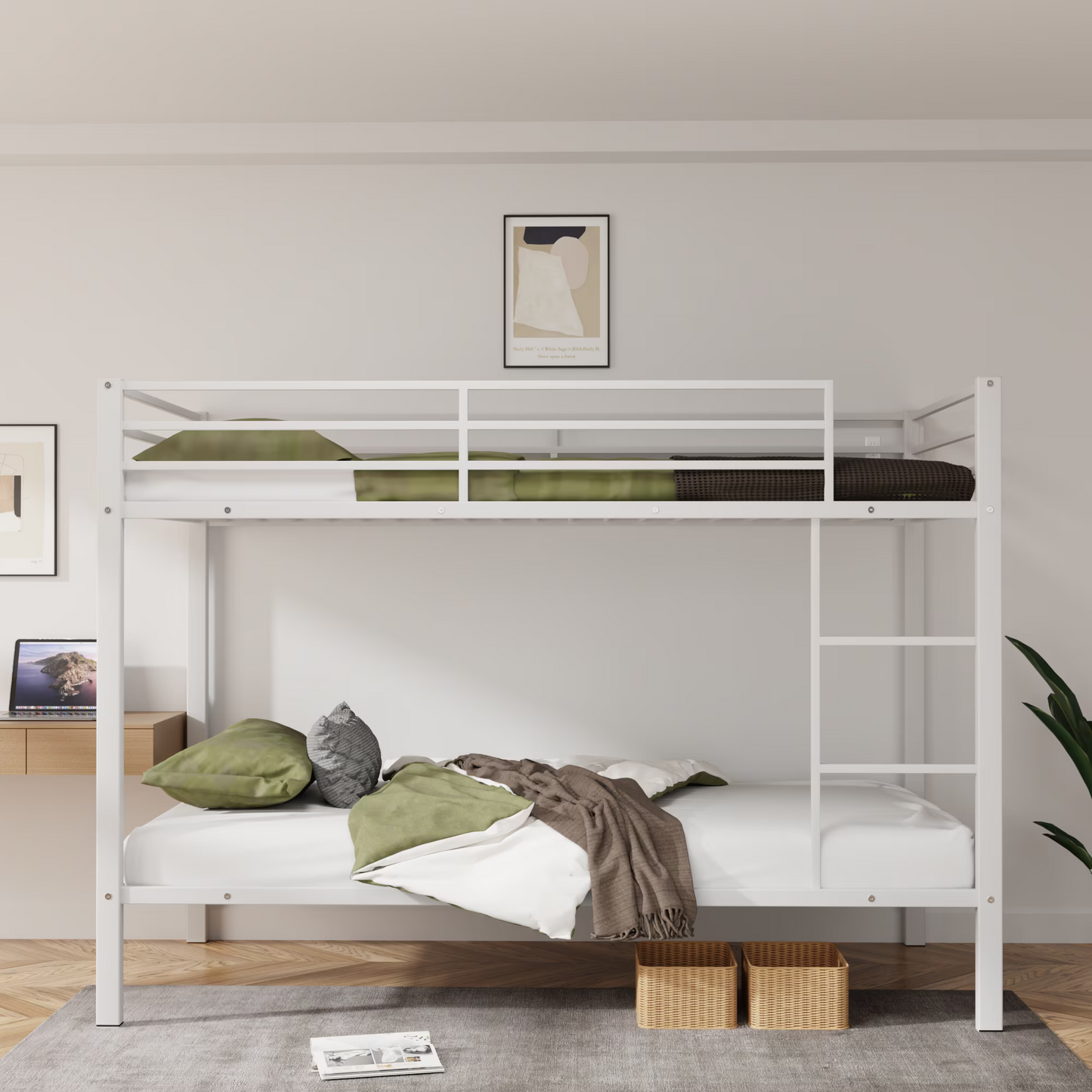 CAFORKP Metal Twin Over Twin Low Profile Bunk Bed with Ladder, High Guardrail & Steel Slats, White