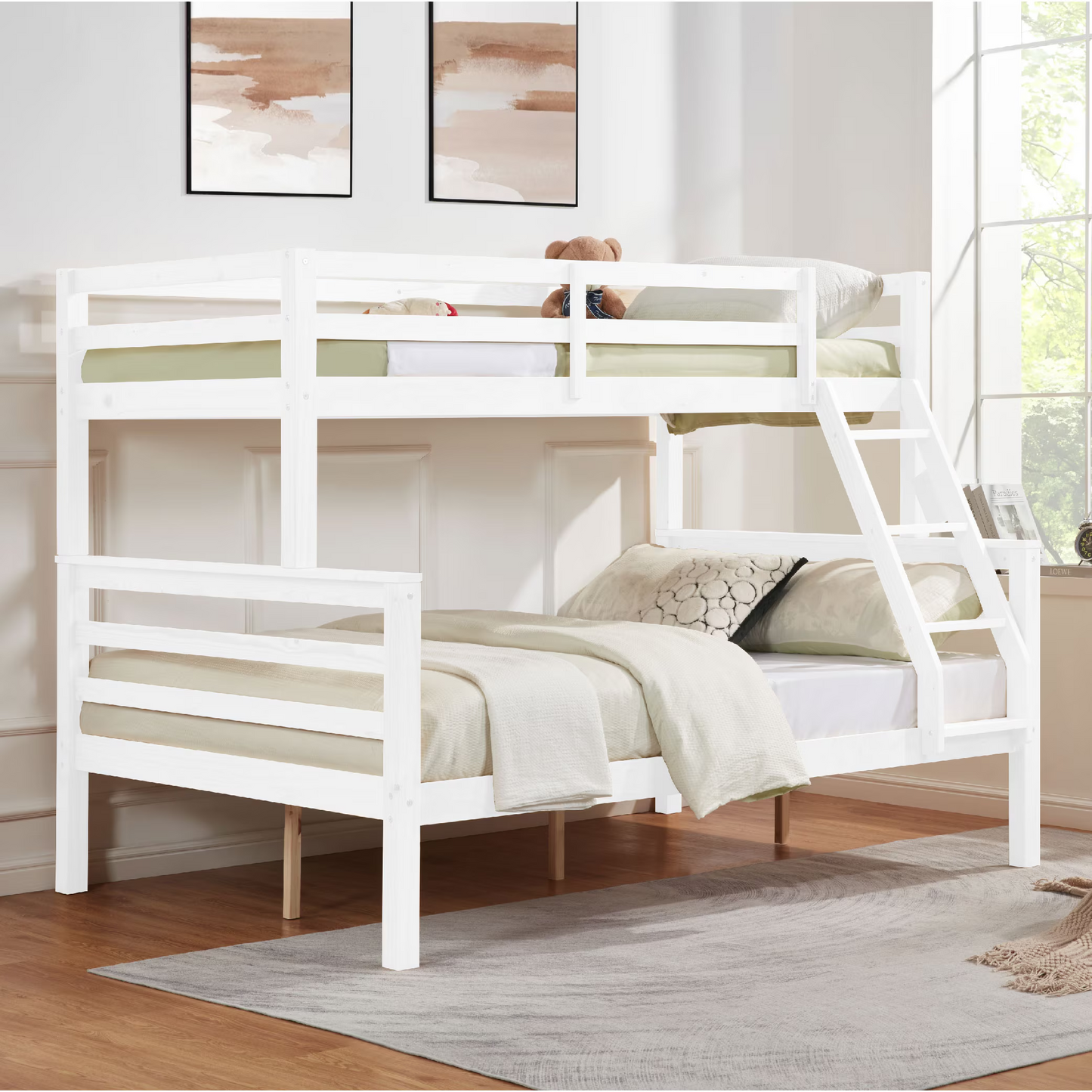CAFORKP Twin Over Full Wooden Bunk Bed with Thick Posts, High Guardrail & Ladder for Kids, White
