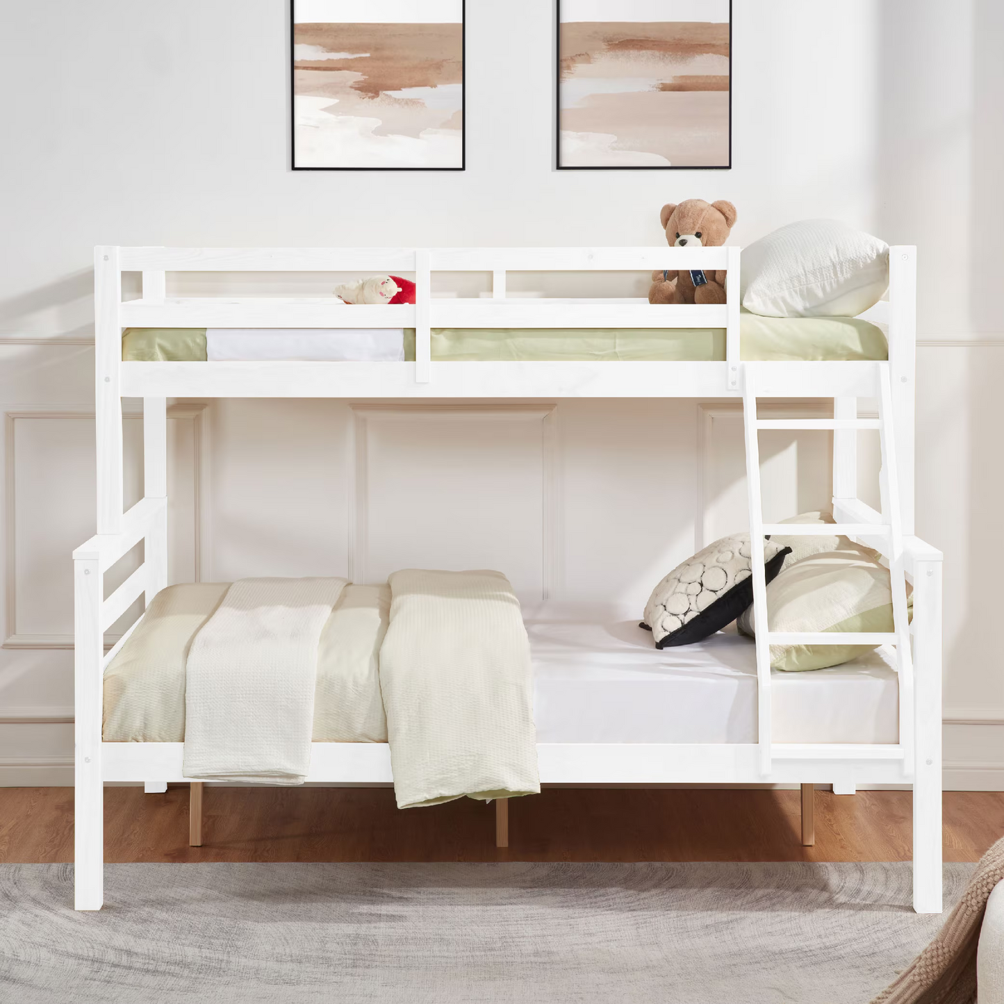 CAFORKP Twin Over Full Wooden Bunk Bed with Thick Posts, High Guardrail & Ladder for Kids, White