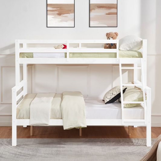 CAFORKP Twin Over Full Wooden Bunk Bed with Thick Posts, High Guardrail & Ladder for Kids, White