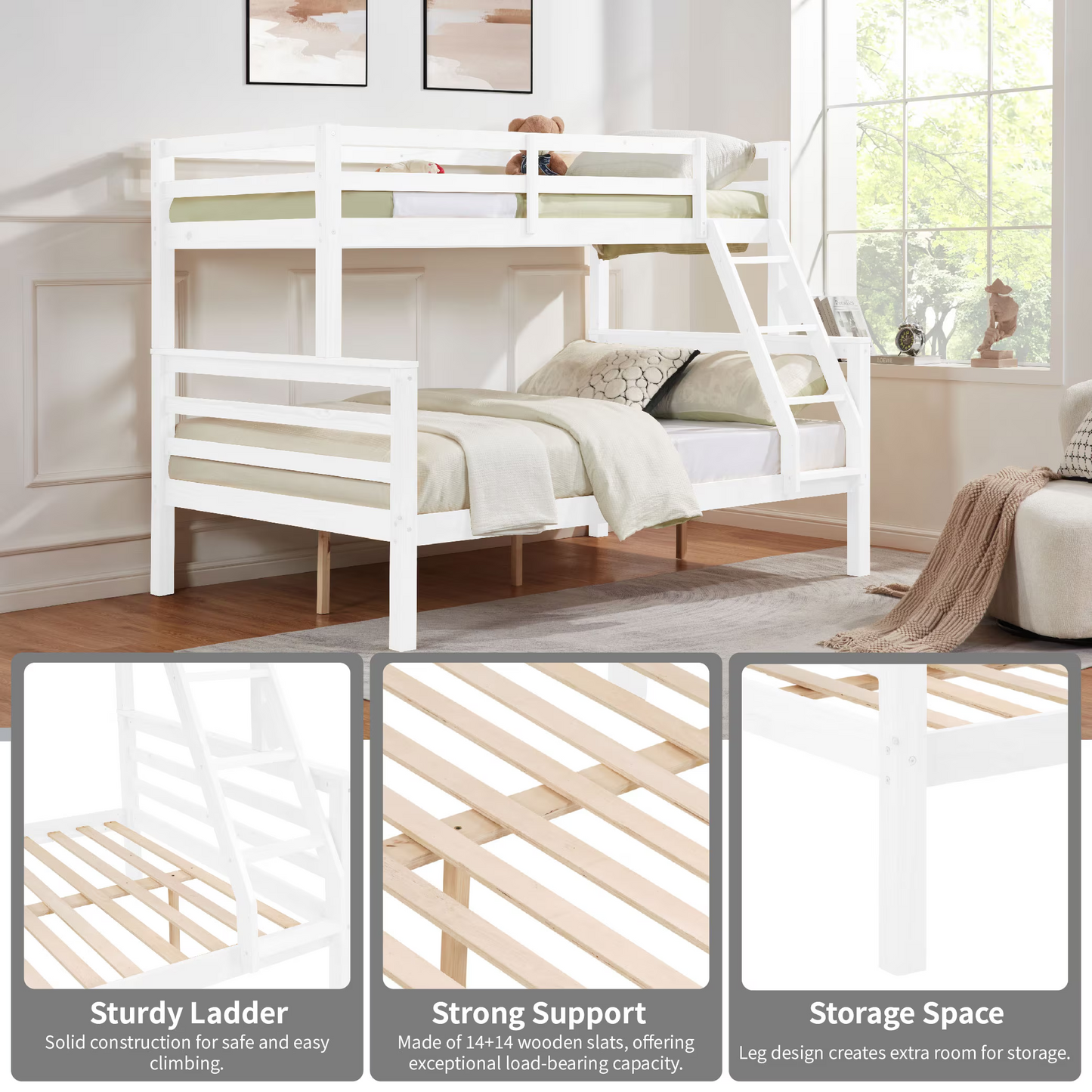 CAFORKP Twin Over Full Wooden Bunk Bed with Thick Posts, High Guardrail & Ladder for Kids, White