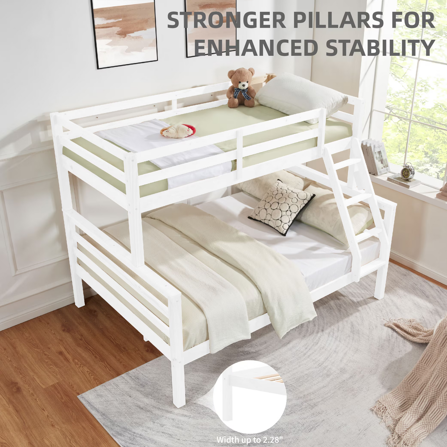 CAFORKP Twin Over Full Wooden Bunk Bed with Thick Posts, High Guardrail & Ladder for Kids, White