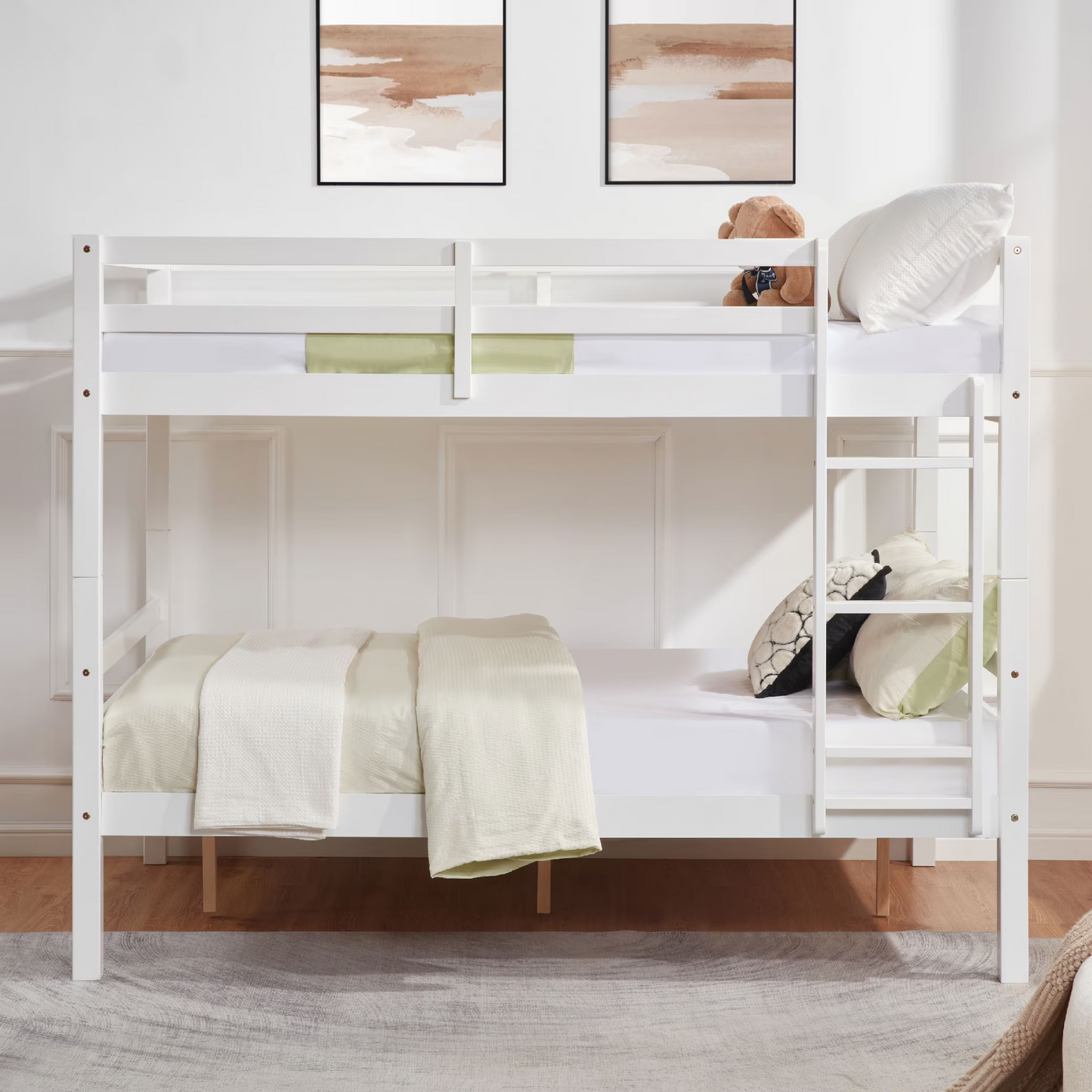 CAFORKP Full Over Full Solid Wood Bunk Bed with Thick Posts, High Guardrail & Ladder, 400LBS Capacity - White