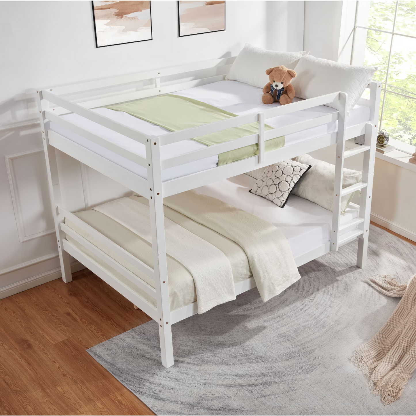 CAFORKP Full Over Full Solid Wood Bunk Bed with Thick Posts, High Guardrail & Ladder, 400LBS Capacity - White