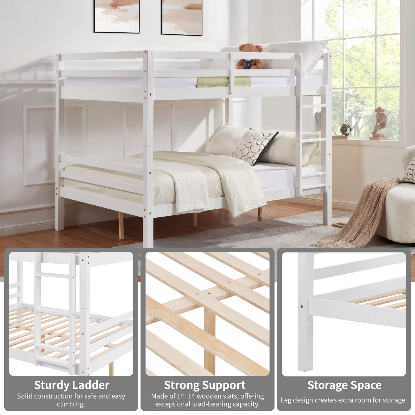 CAFORKP Full Over Full Solid Wood Bunk Bed with Thick Posts, High Guardrail & Ladder, 400LBS Capacity - White