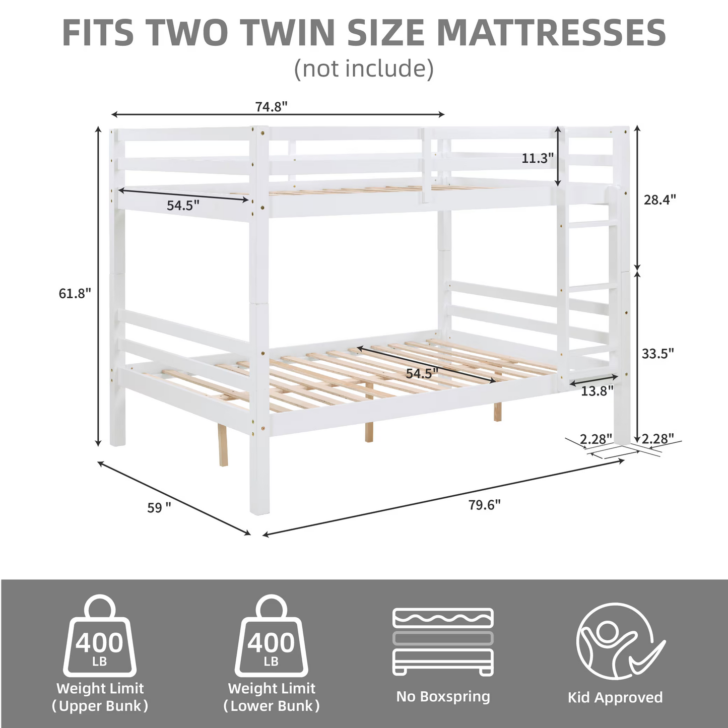 CAFORKP Full Over Full Solid Wood Bunk Bed with Thick Posts, High Guardrail & Ladder, 400LBS Capacity - White