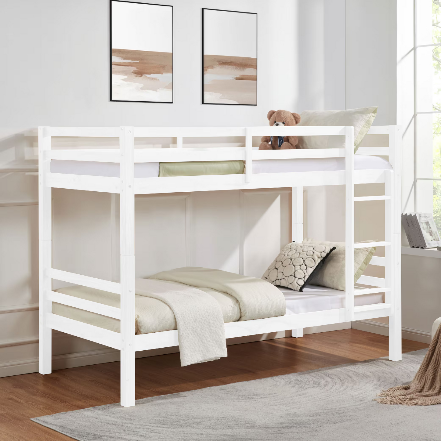 CAFORKP Solid Wood Twin over Twin Bunk Bed with Thickened Posts, Ladder & Guardrails, 400lbs Capacity,White