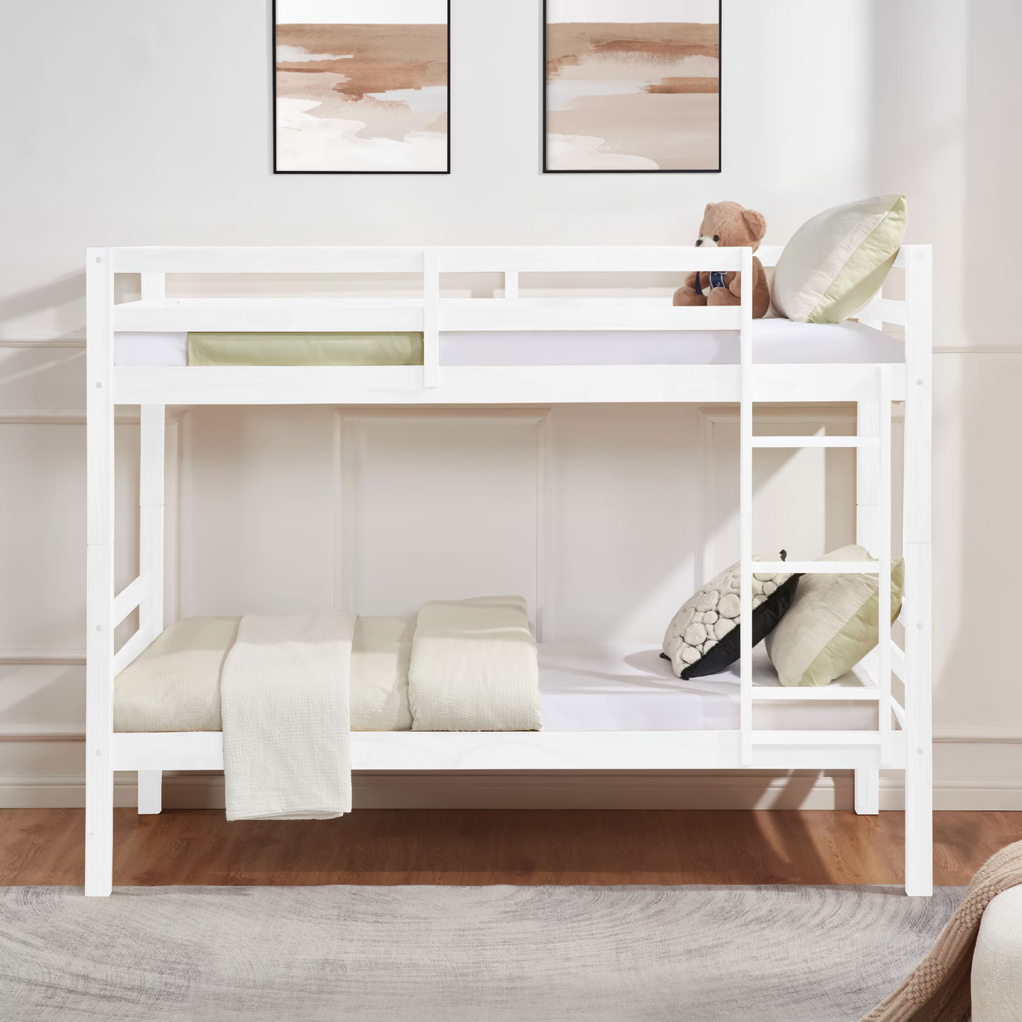 CAFORKP Solid Wood Twin over Twin Bunk Bed with Thickened Posts, Ladder & Guardrails, 400lbs Capacity,White