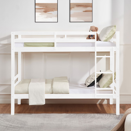 CAFORKP Solid Wood Twin over Twin Bunk Bed with Thickened Posts, Ladder & Guardrails, 400lbs Capacity,White