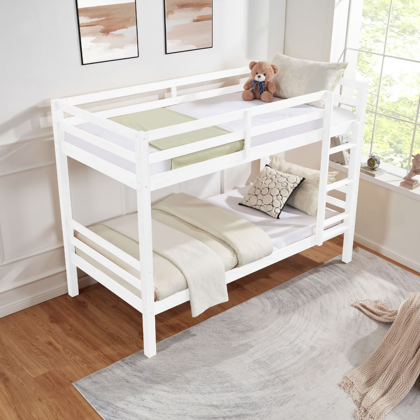 CAFORKP Solid Wood Twin over Twin Bunk Bed with Thickened Posts, Ladder & Guardrails, 400lbs Capacity,White