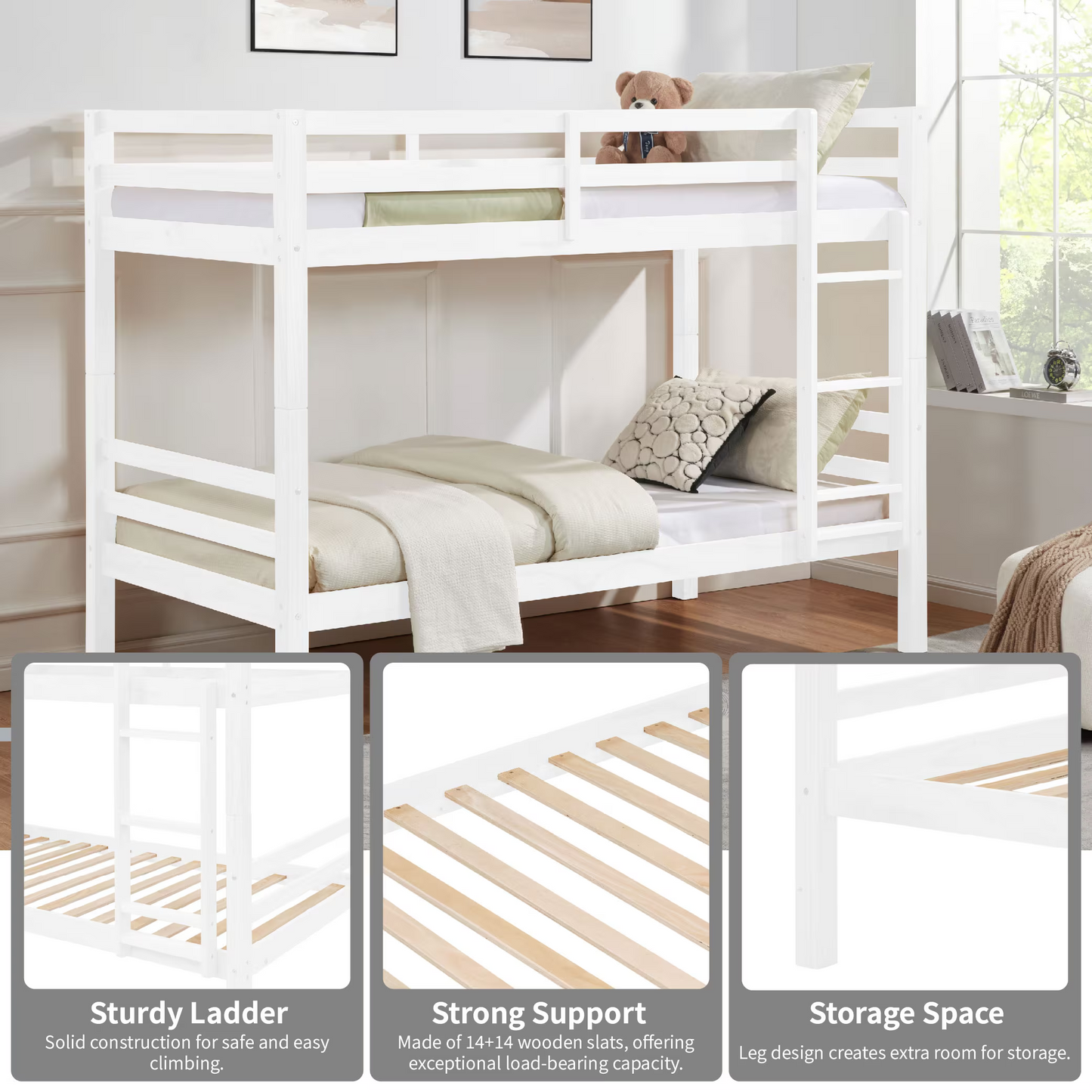 CAFORKP Solid Wood Twin over Twin Bunk Bed with Thickened Posts, Ladder & Guardrails, 400lbs Capacity,White