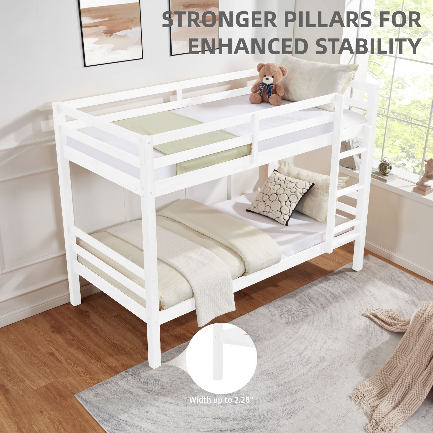 CAFORKP Solid Wood Twin over Twin Bunk Bed with Thickened Posts, Ladder & Guardrails, 400lbs Capacity,White