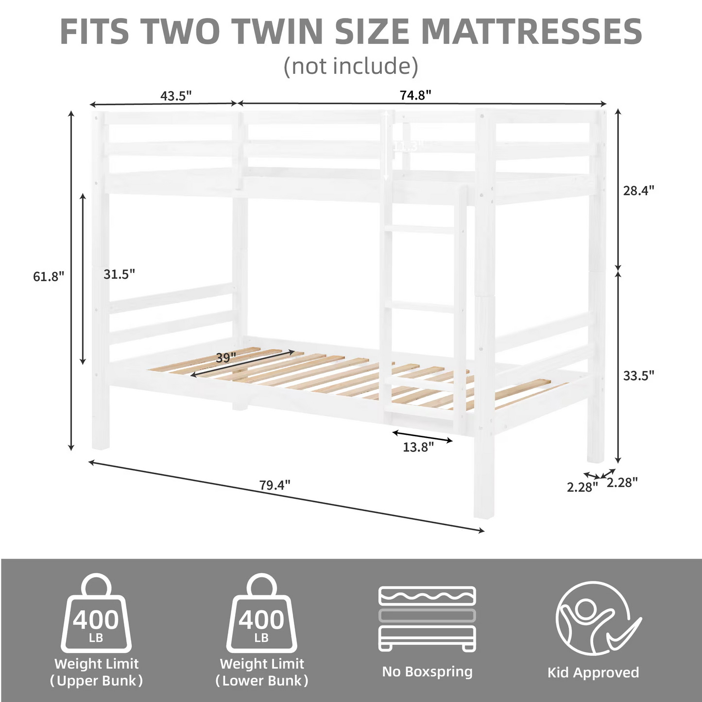 CAFORKP Solid Wood Twin over Twin Bunk Bed with Thickened Posts, Ladder & Guardrails, 400lbs Capacity,White