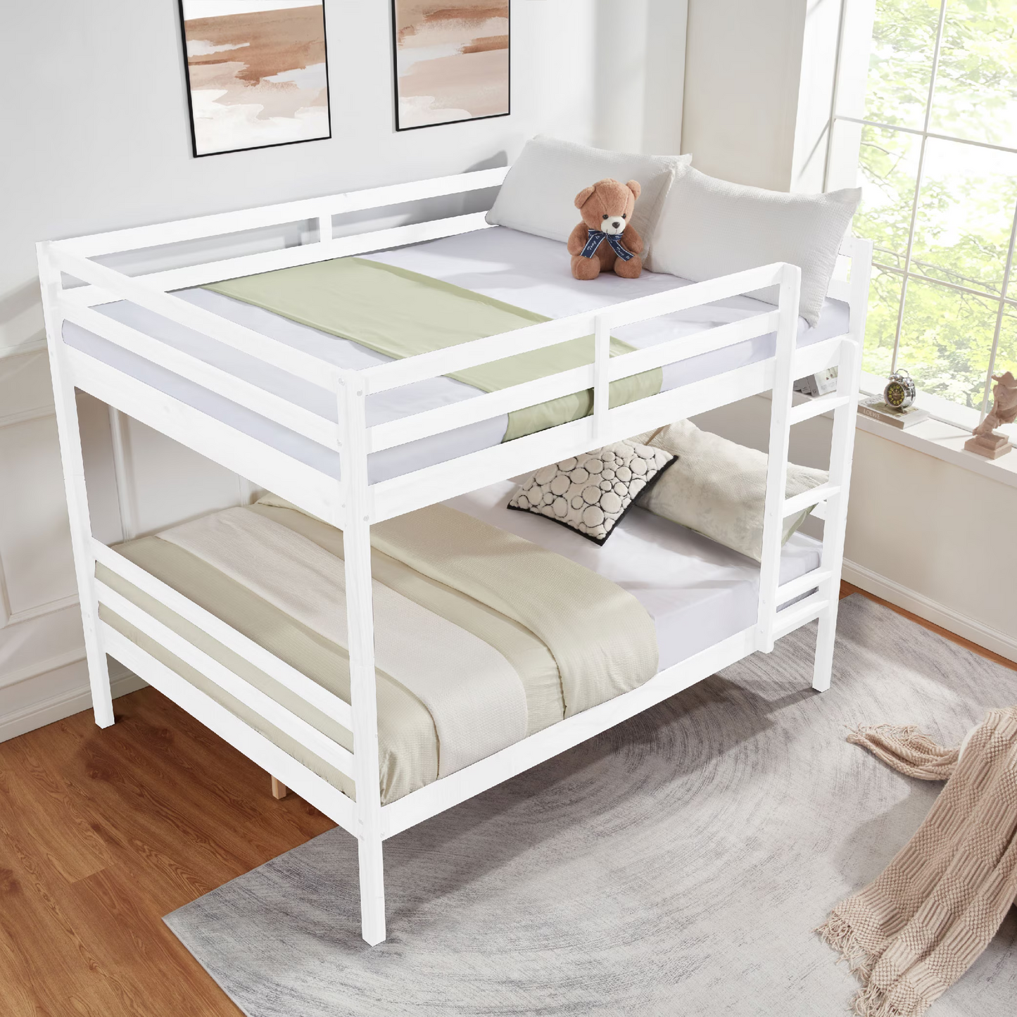 CAFORKP Solid Wood Full over Full Bunk Bed with Ladder & Guardrails, 400lbs Capacity, for Kids,White