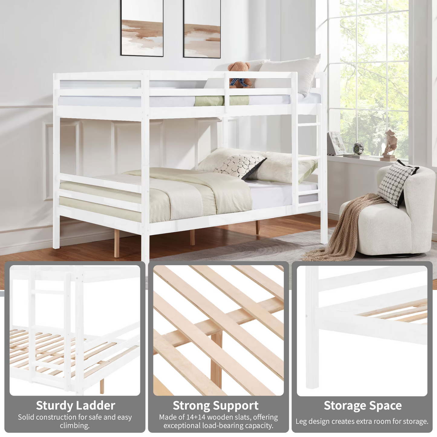 CAFORKP Solid Wood Full over Full Bunk Bed with Ladder & Guardrails, 400lbs Capacity, for Kids,White