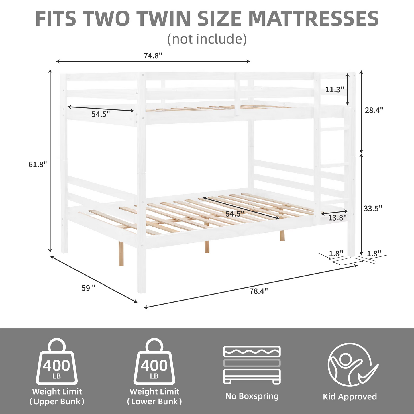 CAFORKP Solid Wood Full over Full Bunk Bed with Ladder & Guardrails, 400lbs Capacity, for Kids,White