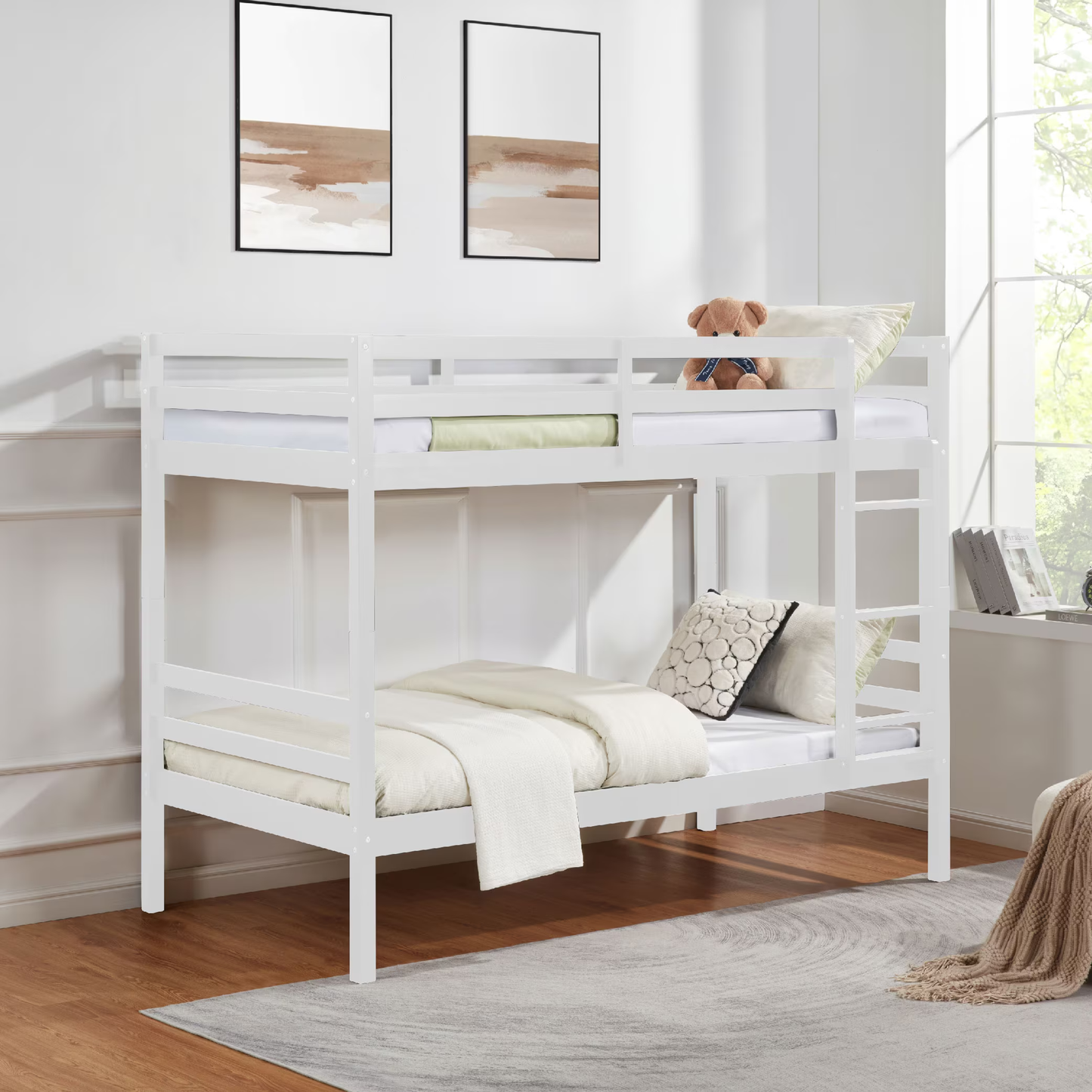 CAFORKP Solid Wood Bunk Bed for Kids with Safety Guardrail, 400 lbs Weight Capacity - White