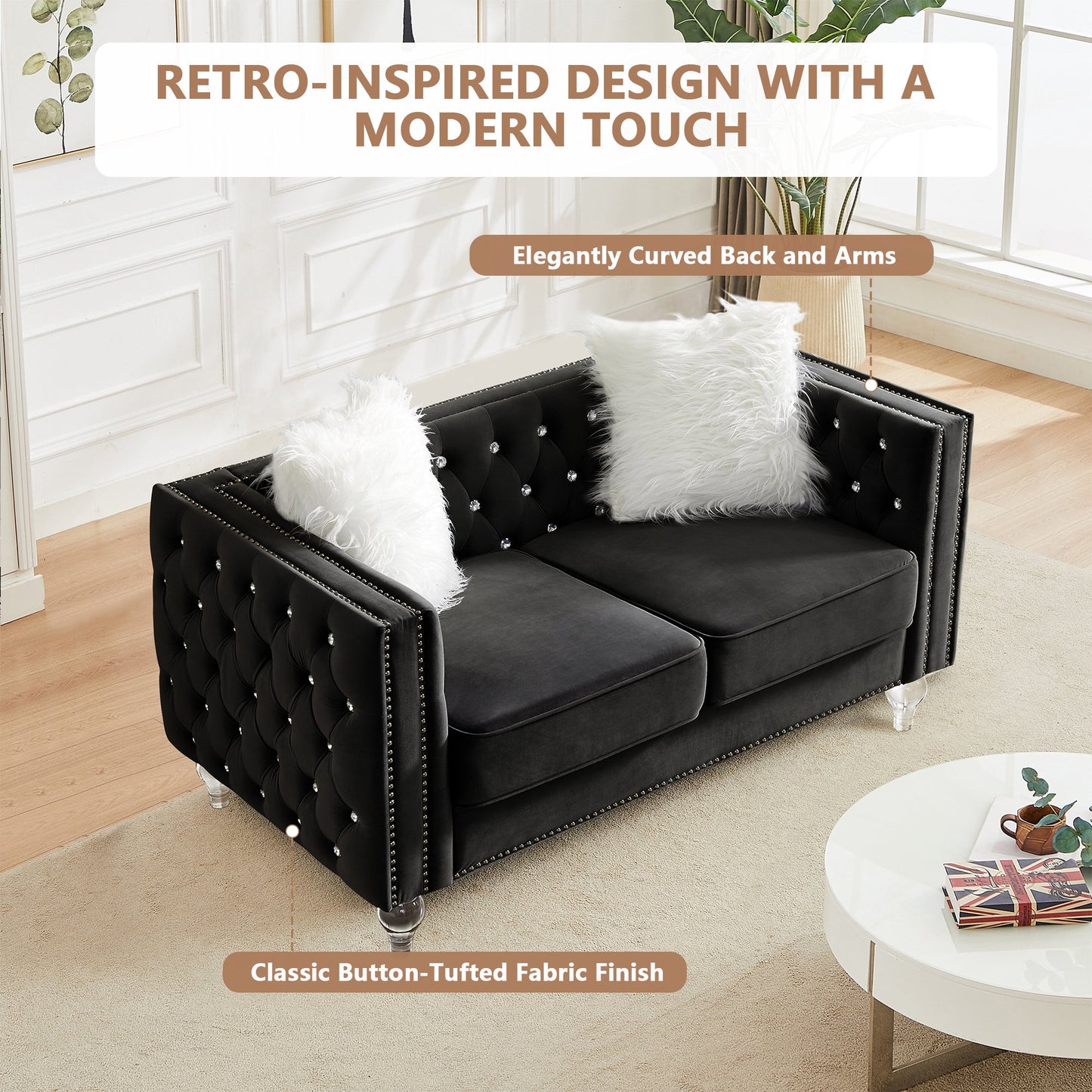 CAFORKP Velvet Loveseat Sofa, Solid Wood Frame, Polyester Upholstery, Foam Filled, Tufted, Black