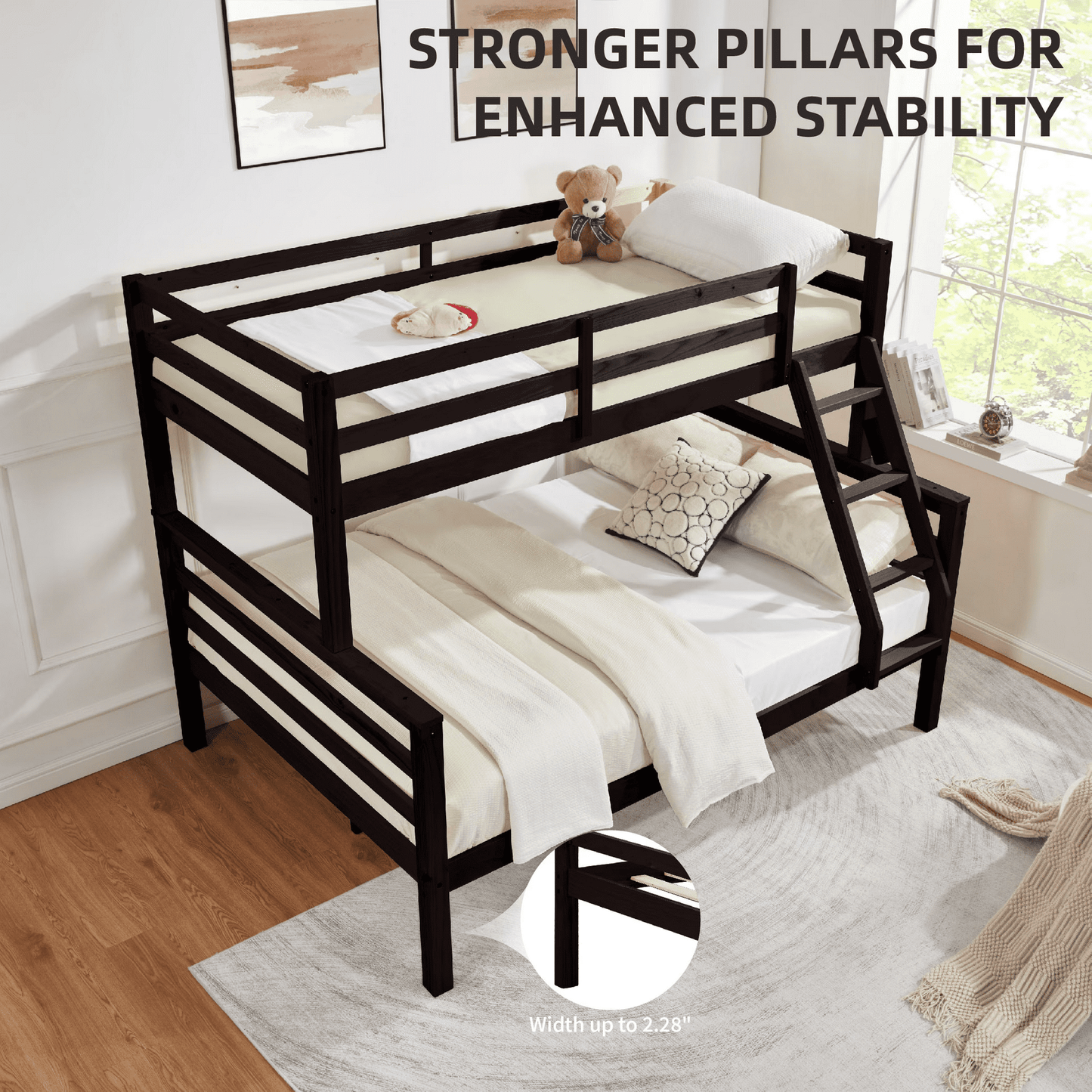 CAFORKP Twin Over Full Wooden Bunk Bed with Thick Posts, High Guardrail & Ladder for Kids, Brown