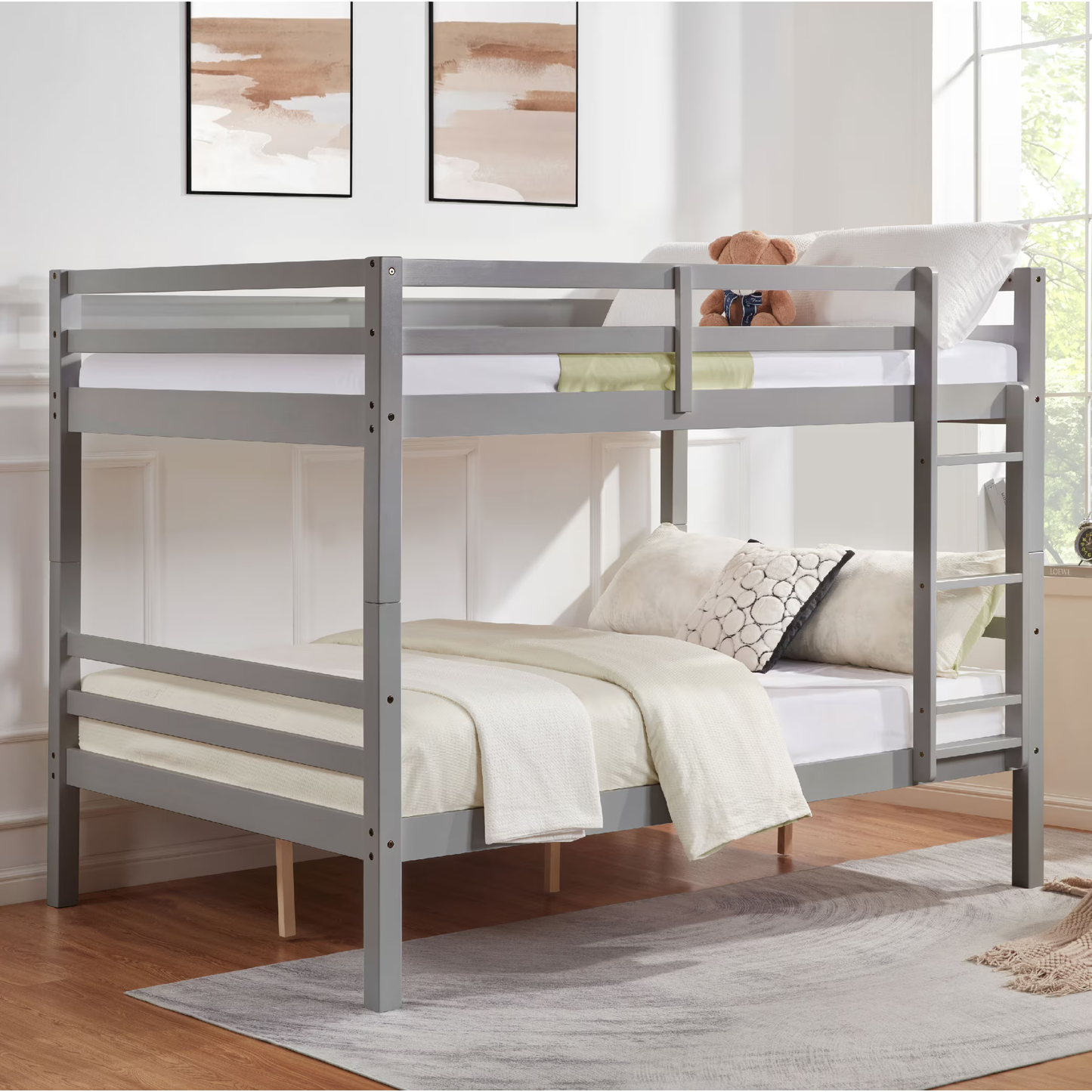 CAFORKP Full Over Full Solid Wood Bunk Bed with Thick Posts, High Guardrail & Ladder, 400LBS Capacity - Gray