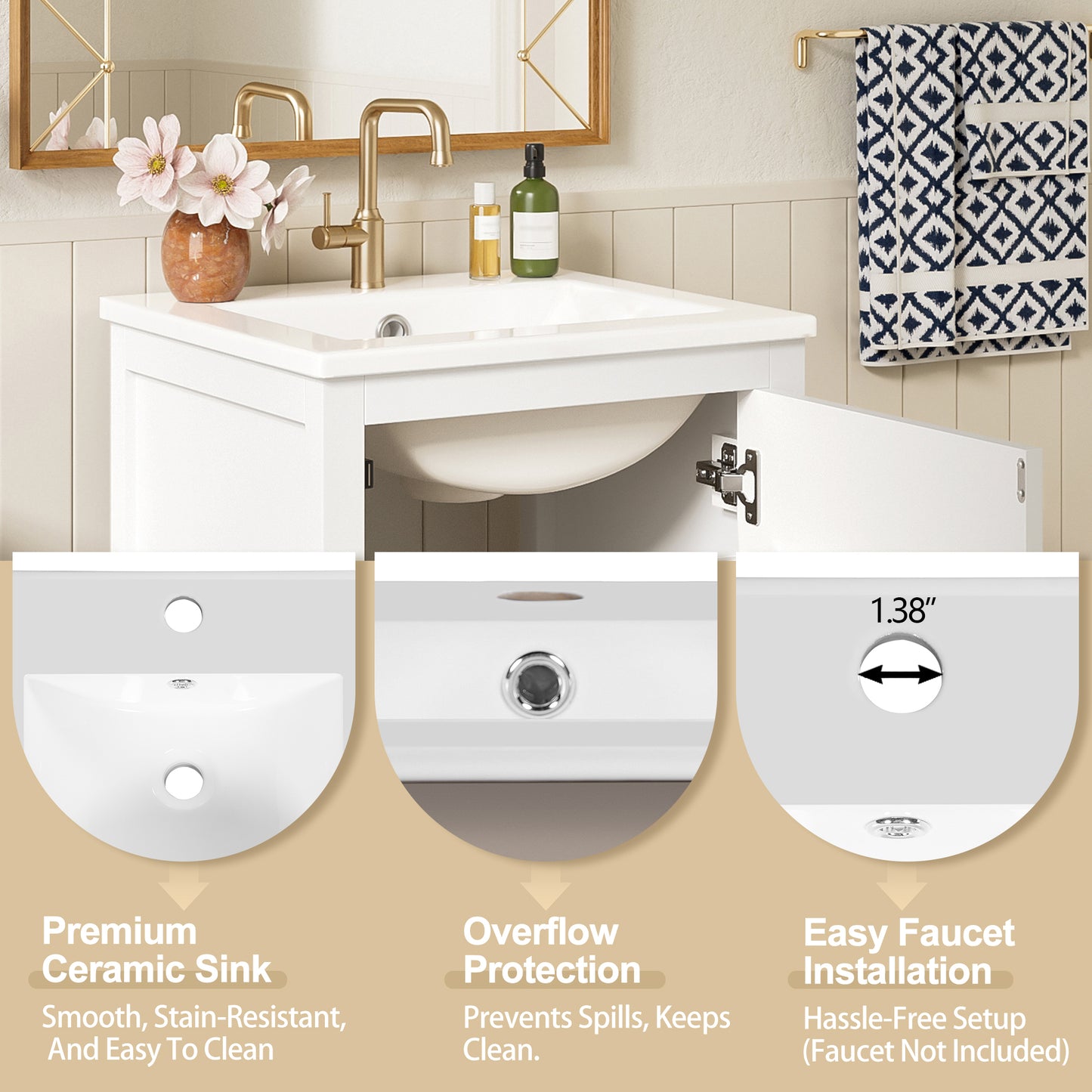 18-Inch Solid Wood Bathroom Vanity with Ceramic Sink, Soft-Closing Door, and Storage