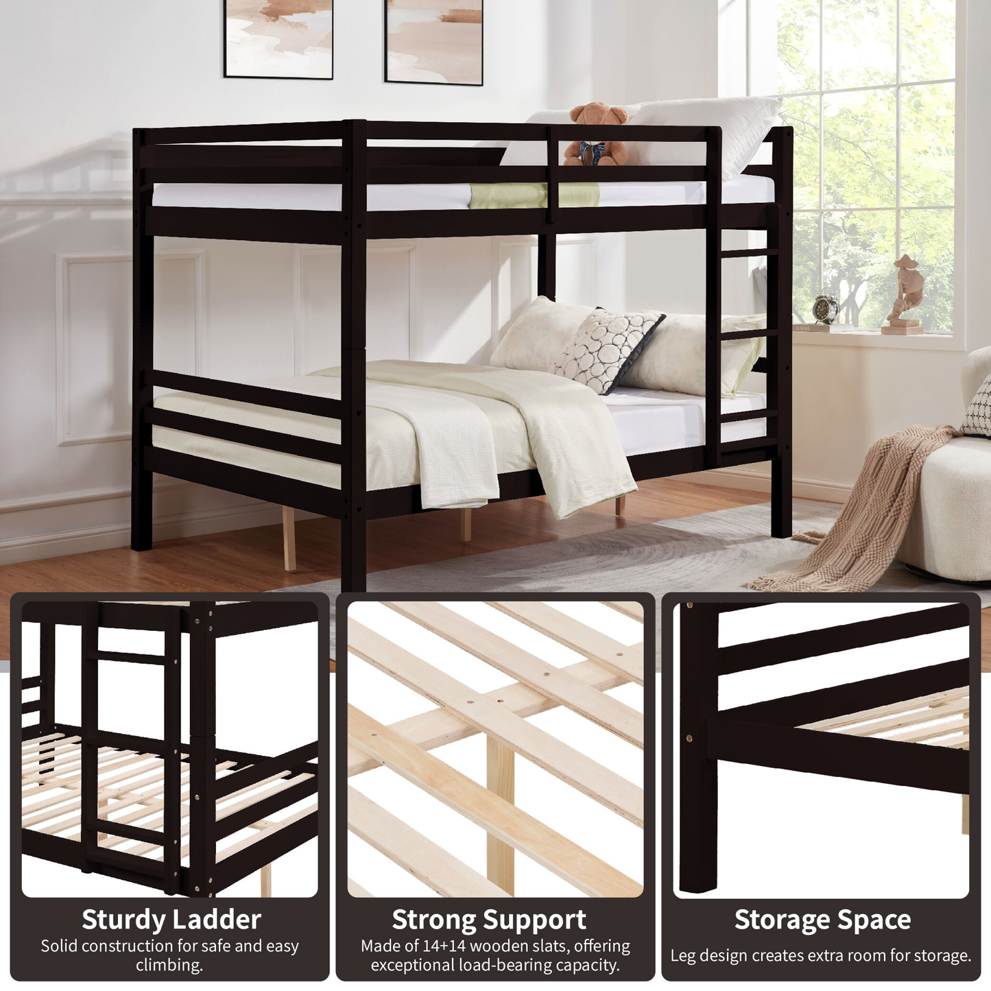 CAFORKP Full Over Full Solid Wood Bunk Bed with Thick Posts, High Guardrail & Ladder, 400LBS Capacity - Dark Brown