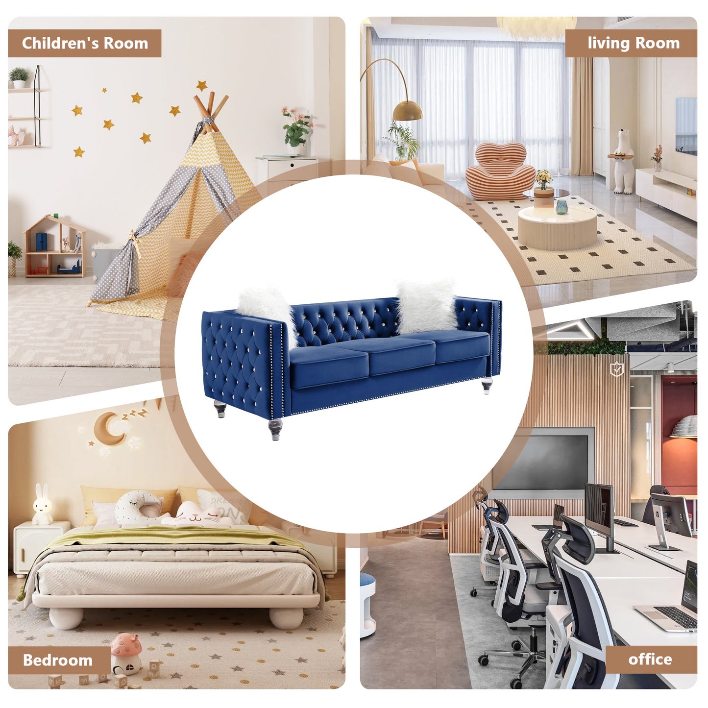 CAFORKP Velvet 3-Seater Sofa, Solid Wood Frame, Button Tufted, Curved Arms, Polyester Upholstery, Navy Blue