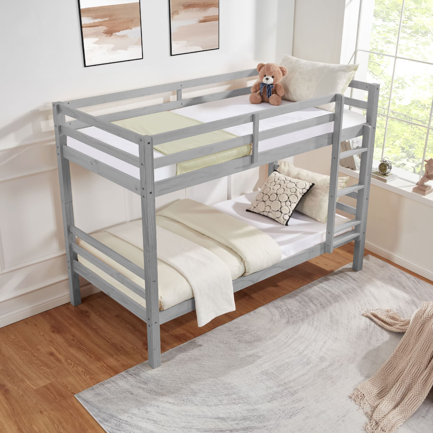 CAFORKP Solid Wood Twin over Twin Bunk Bed with Thickened Posts, Ladder & Guardrails, 400lbs Capacity,Gray