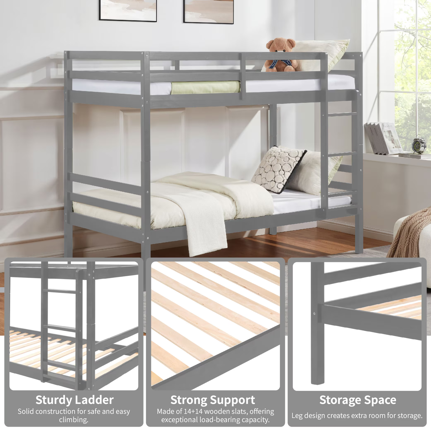 CAFORKP Solid Wood Bunk Bed for Kids with Safety Guardrail, 400 lbs Weight Capacity - Grey