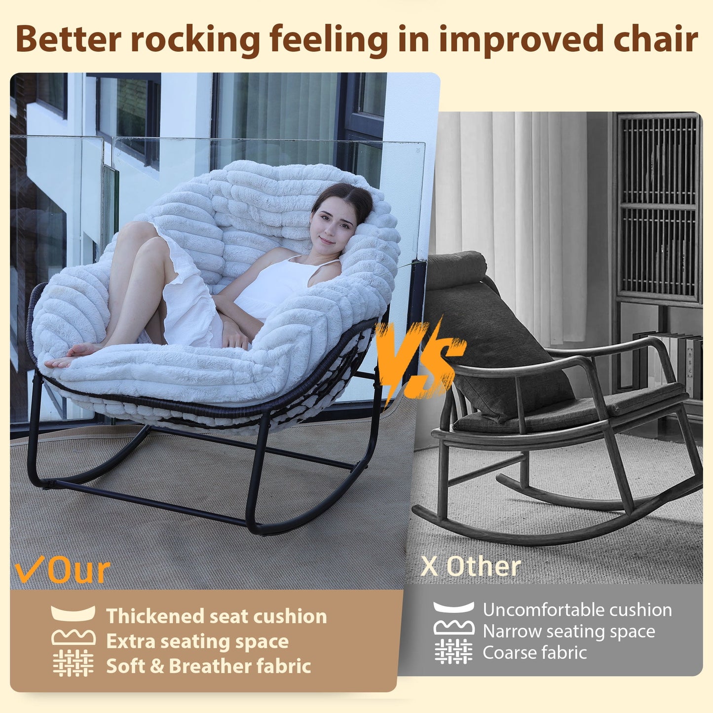 CAFORKP Carson Rocking Chair for Indoor/Outdoor Use, Plush Cushion, Steel Frame, Comfortable, Light Gray