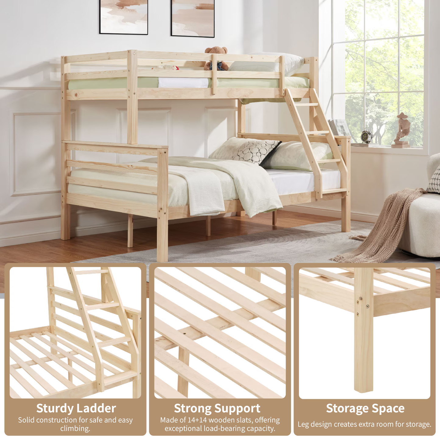 CAFORKP Twin Over Full Wooden Bunk Bed with Thick Posts, High Guardrail & Ladder for Kids, Natural Wood