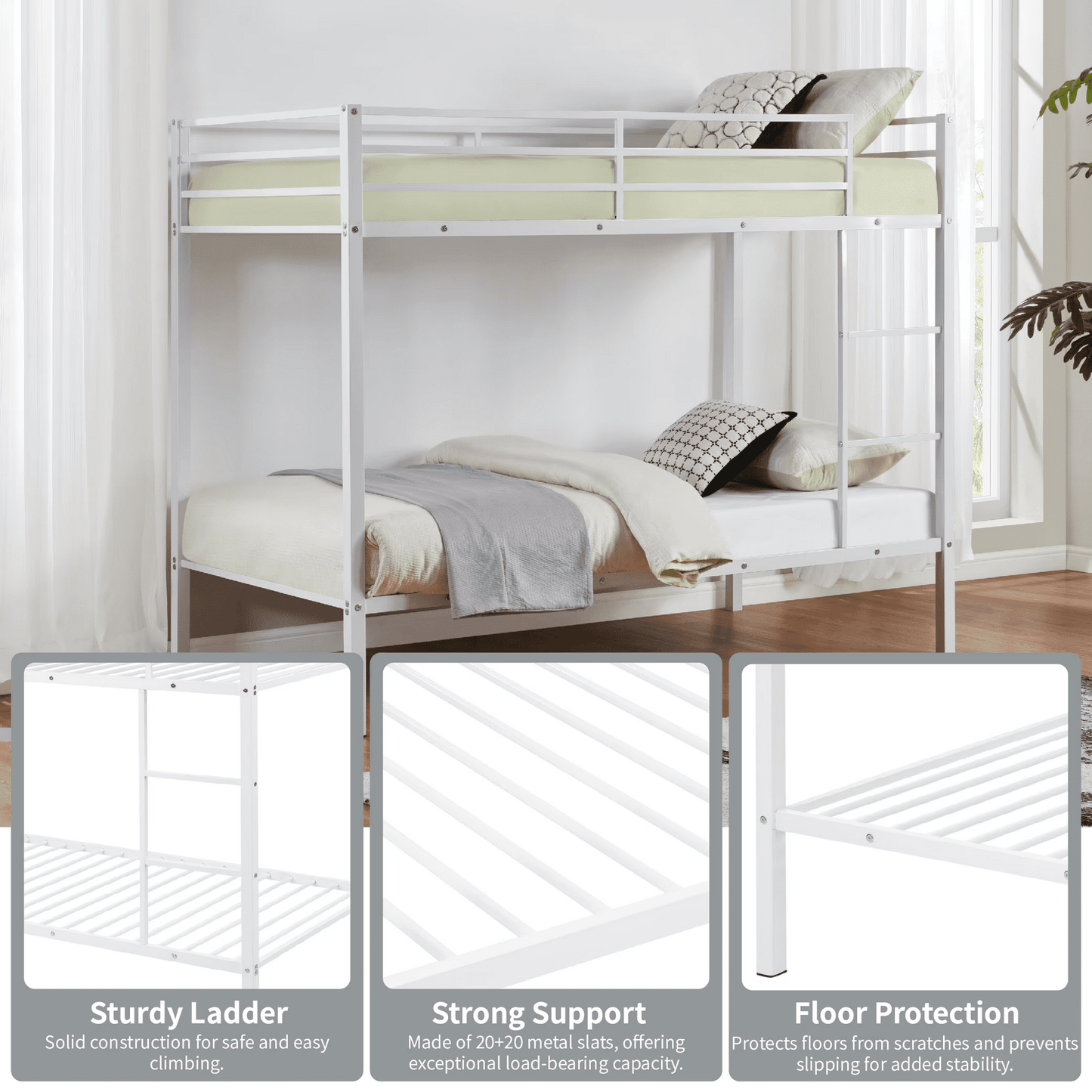 CAFORKP Metal Twin Over Twin Low Profile Bunk Bed with Ladder, High Guardrail & Steel Slats for Kids, White