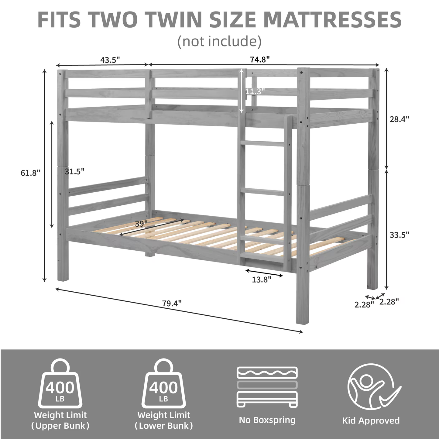 CAFORKP Solid Wood Twin over Twin Bunk Bed with Thickened Posts, Ladder & Guardrails, 400lbs Capacity,Gray