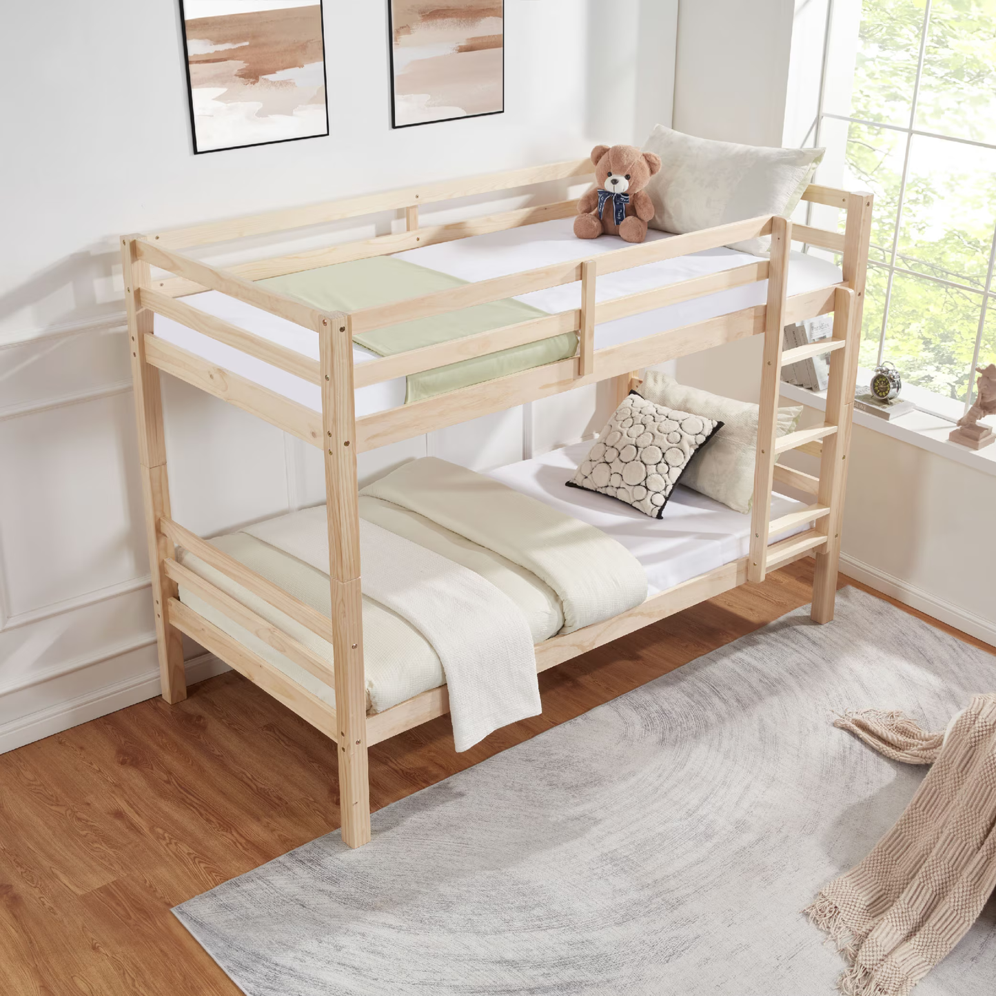 CAFORKP Solid Wood Twin over Twin Bunk Bed with Thickened Posts, Ladder & Guardrails, 400lbs Capacity,Natural Wood