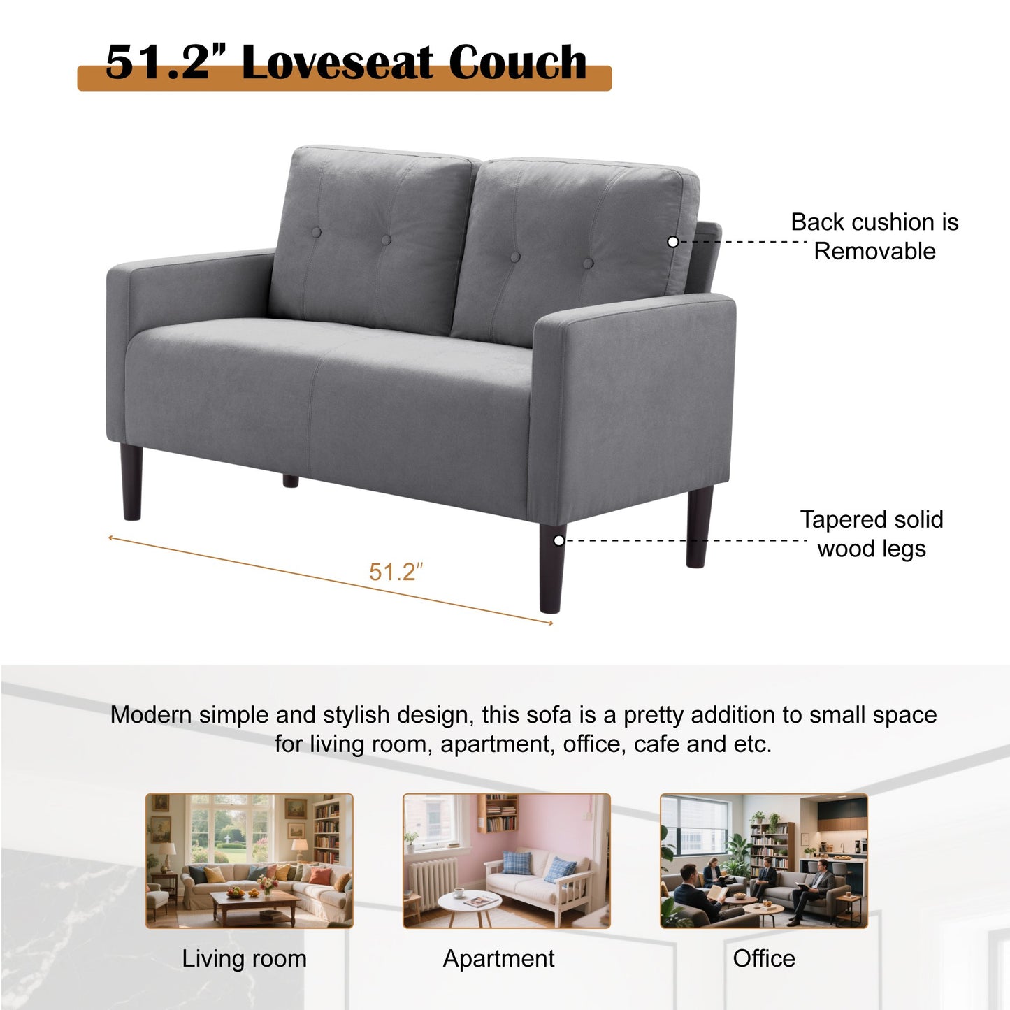 CAFORKP 51.2" Light Gray Loveseat Sofa with Removable Cushions, Solid Wood Frame, Modern Design (No ratings yet)